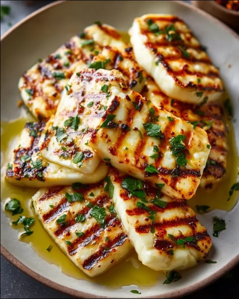 Grilled halloumi topped with chili flakes, honey, and lime sauce on a plate