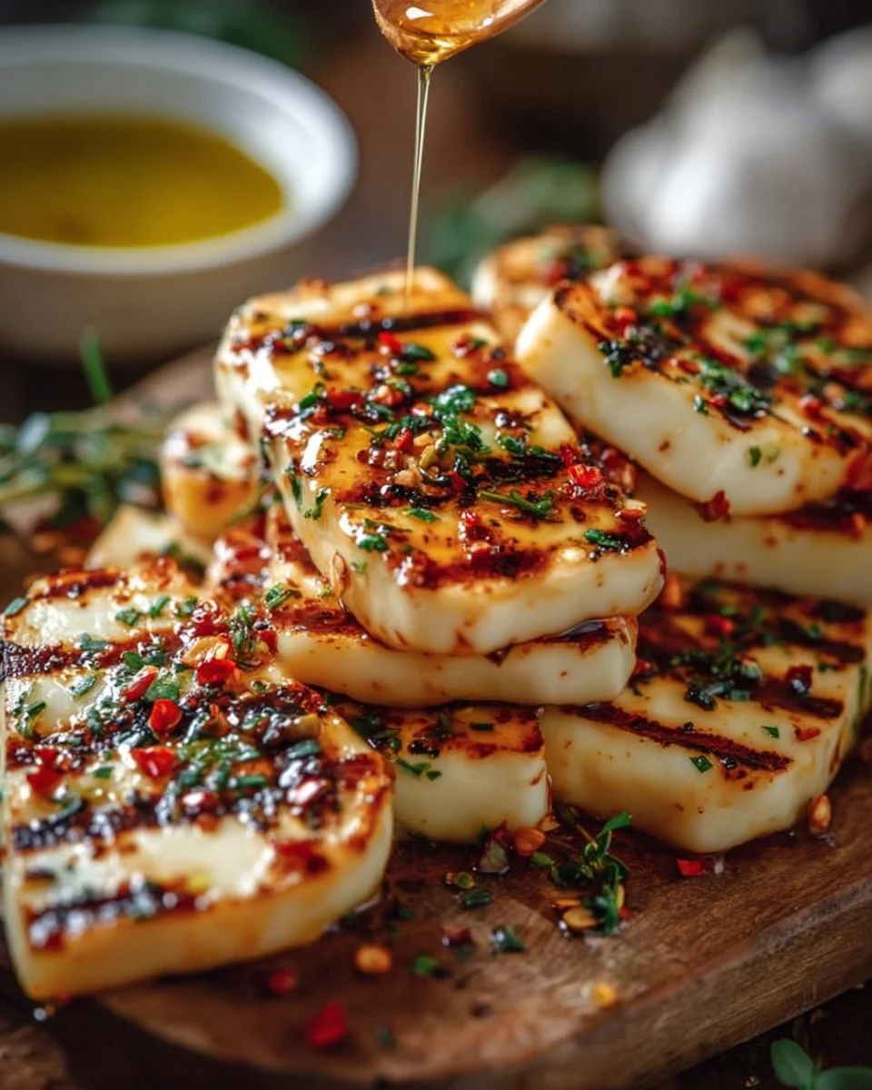 Grilled Halloumi with Chili Flakes, Honey, and Lime Sauce