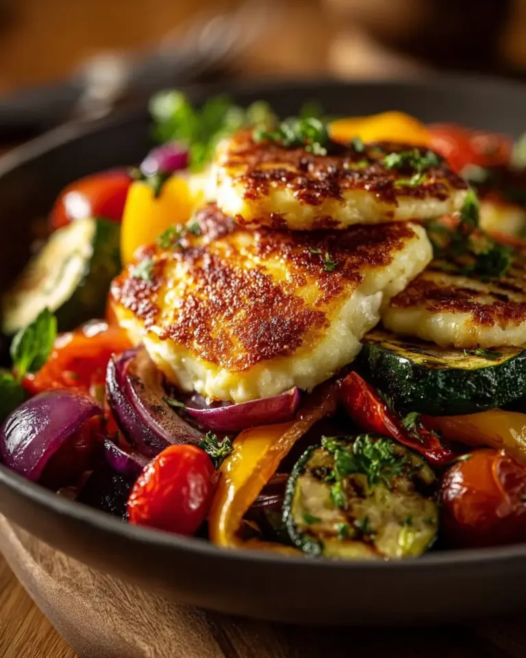 Grilled Halloumi cheese topped with roasted vegetables and lemon dressing