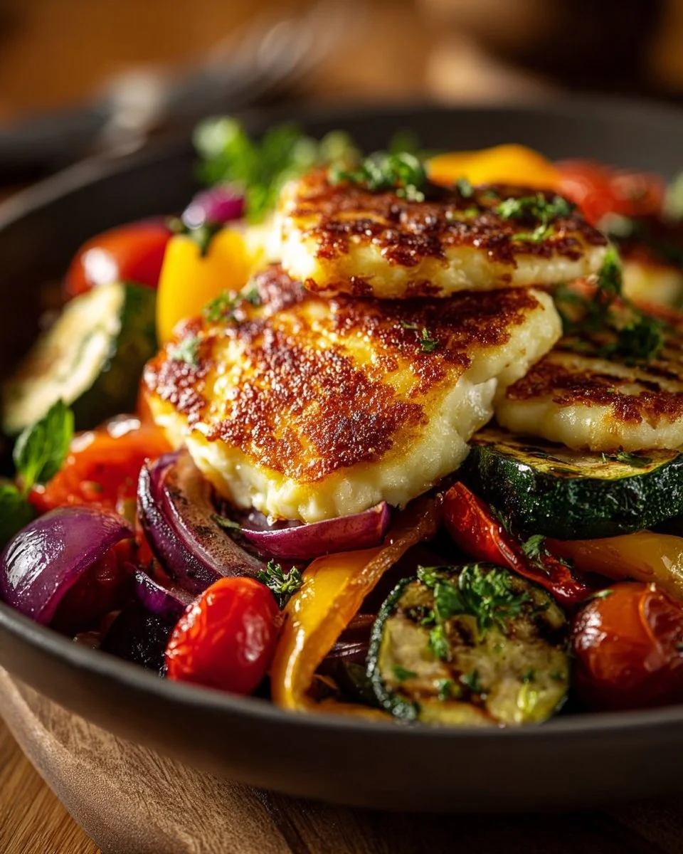 Grilled Halloumi cheese topped with roasted vegetables and lemon dressing