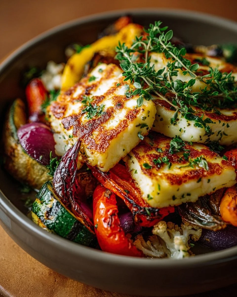 Grilled Halloumi with Roasted Veggies & Lemon Dressing