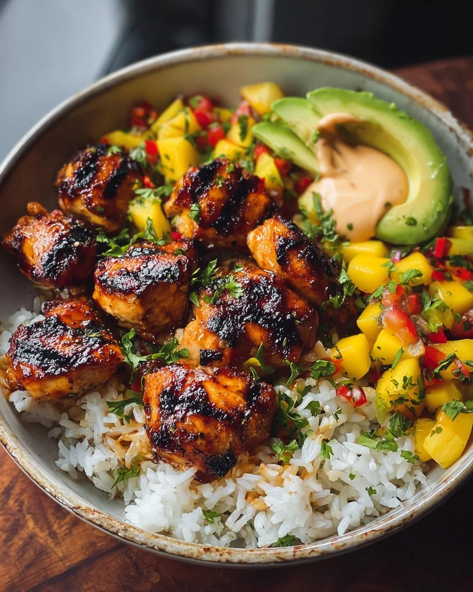 Grilled Maple Sriracha Chicken Bites with Coconut Rice & Mango Avocado Salsa Bowl with Chili Mayo