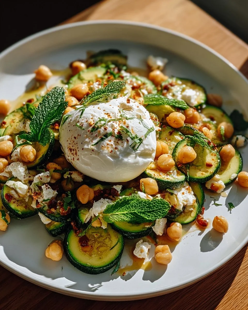 Grilled zucchini chickpea salad with burrata and drizzled chili oil