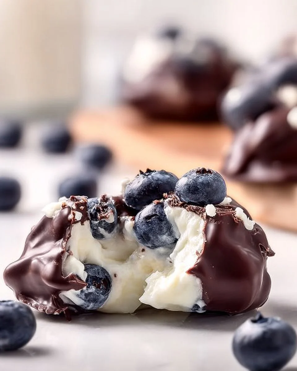 Healthy frozen blueberry yogurt clusters on a plate with fresh blueberries