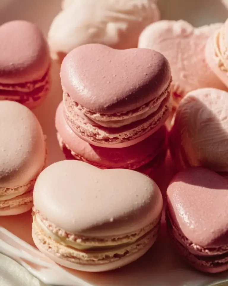 Heart-shaped macarons in assorted colors and flavors on a decorative plate.