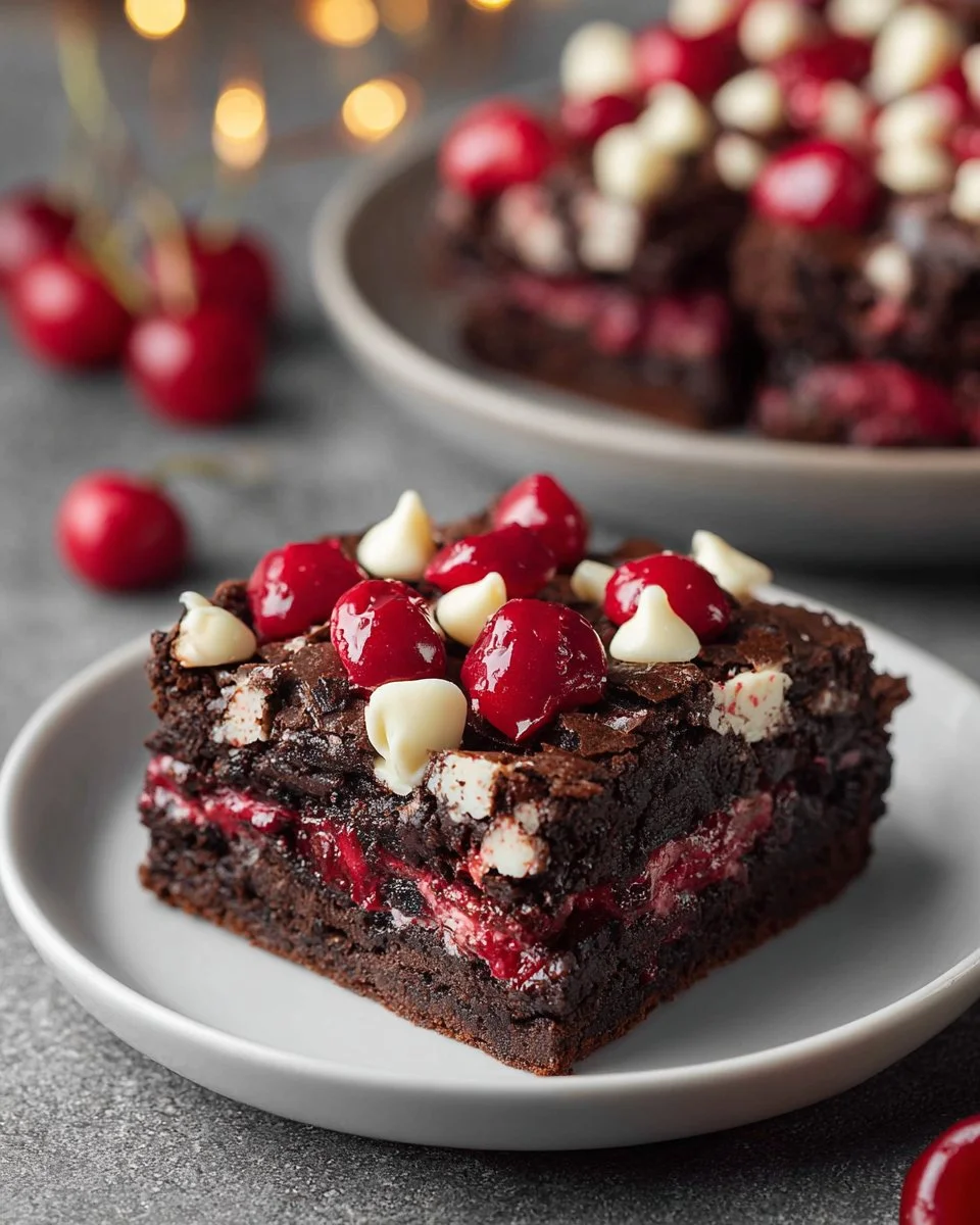 Heavenly chocolate cookie cherry bars on a plate, rich and chewy dessert.