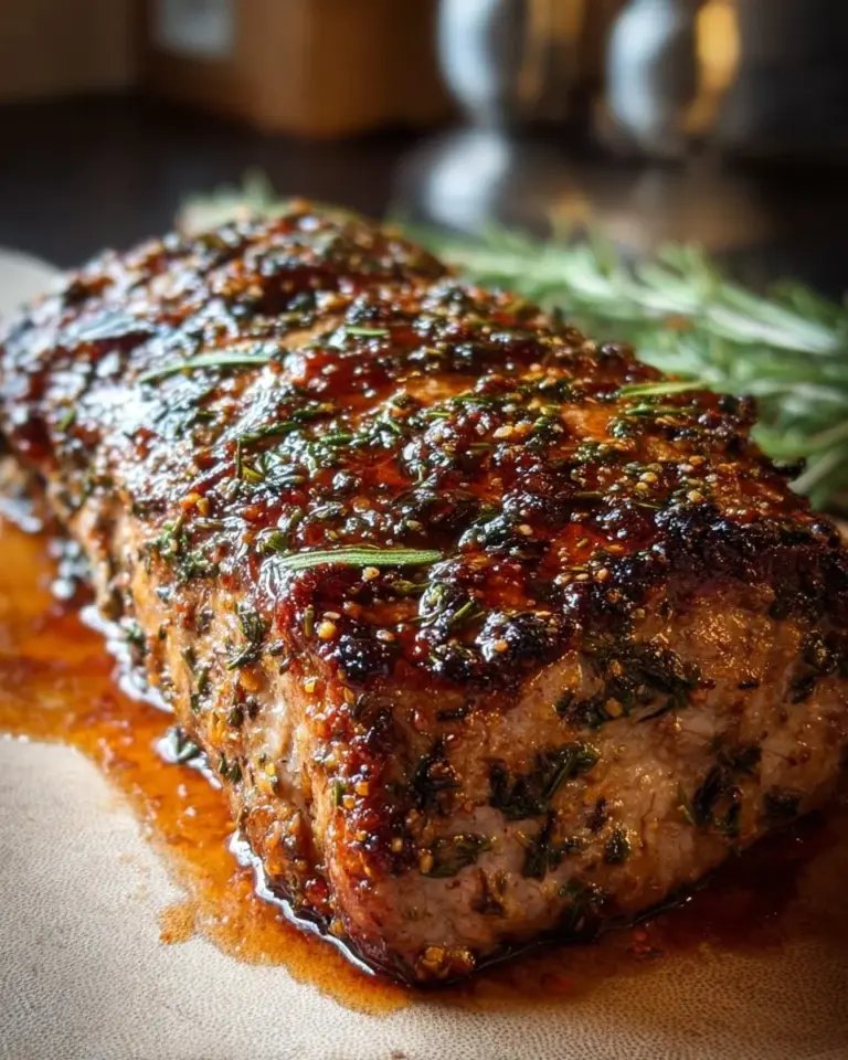 Herb crusted pork loin garnished with fresh herbs on a serving platter