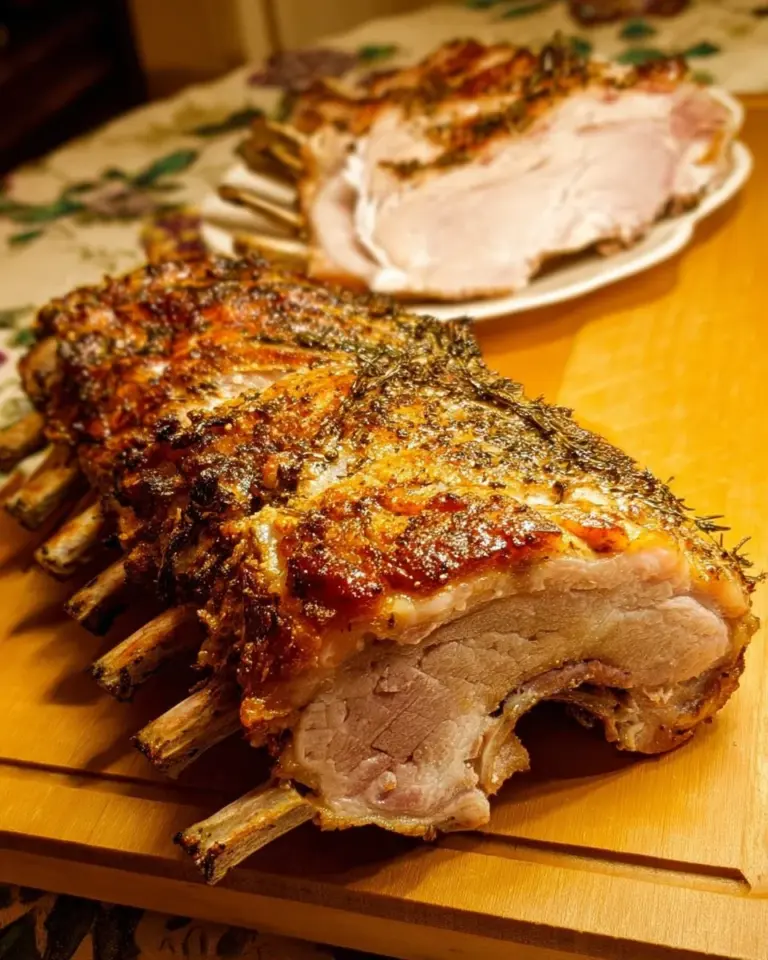 Herb-roasted rack of pork served with herbs and vegetables