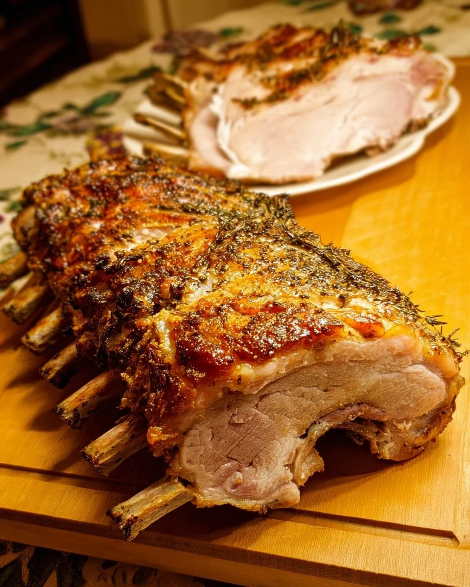 Herb-roasted rack of pork served with herbs and vegetables