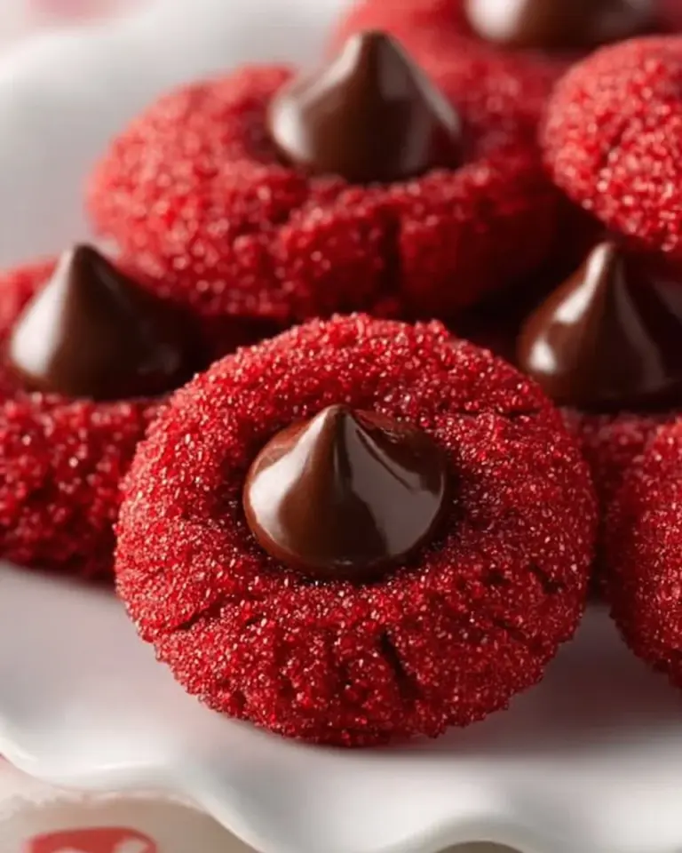 Delicious Hershey's Red Velvet Blossoms cookies topped with chocolate kisses.