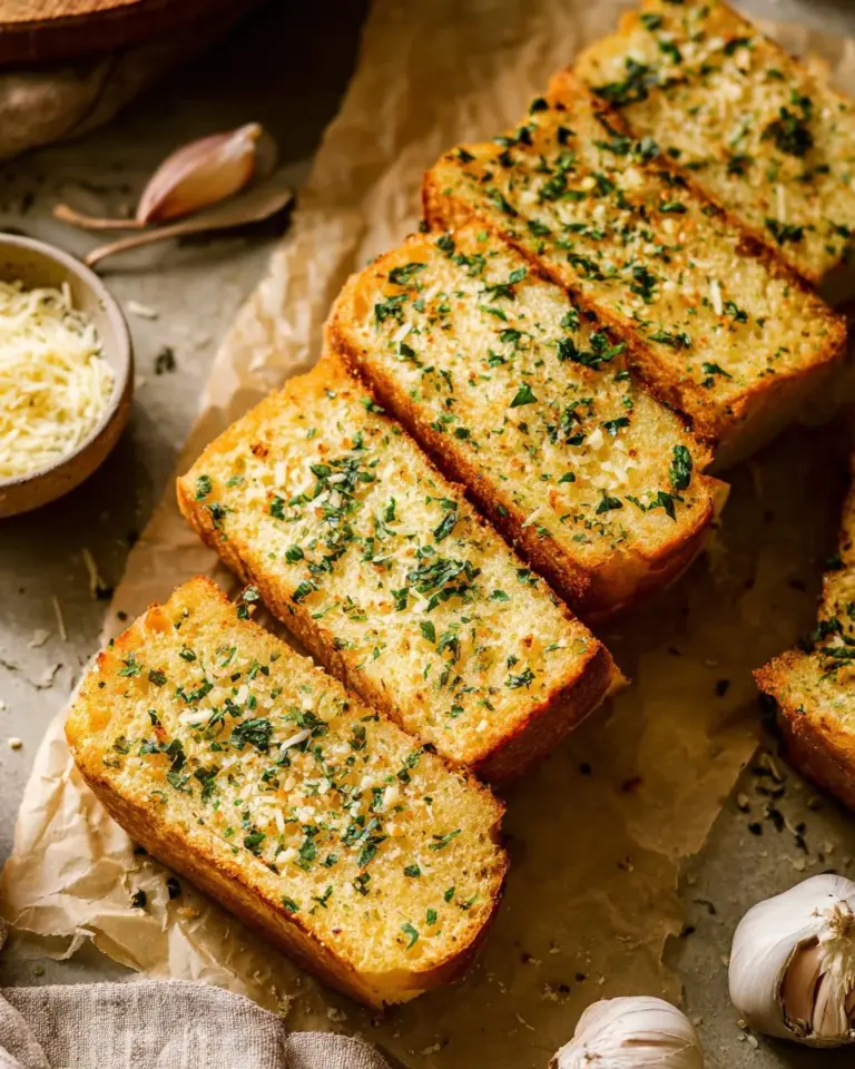Homemade garlic bread served on a wooden board with melted butter and herbs.