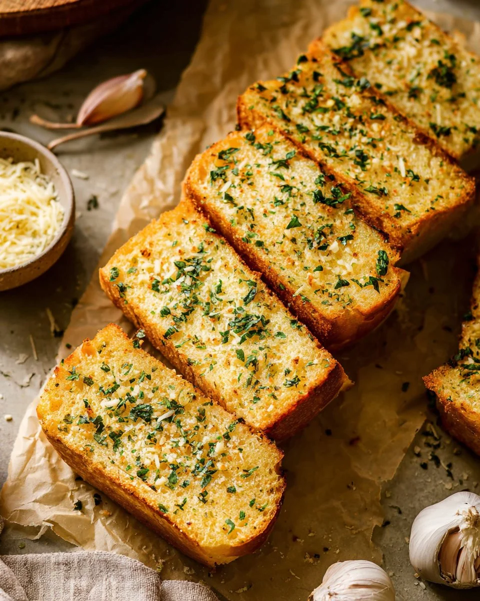 Homemade garlic bread served on a wooden board with melted butter and herbs.