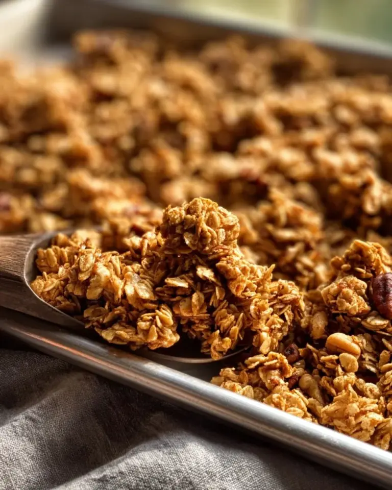 Bowl of homemade peanut butter granola with nuts and dried fruits