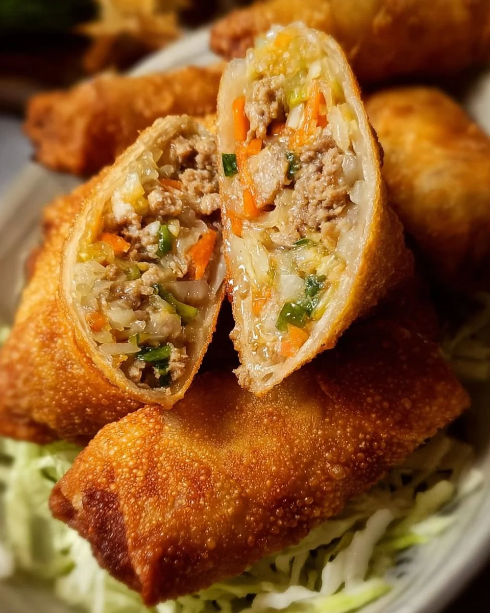 Homemade pork egg rolls served with dipping sauce on a platter