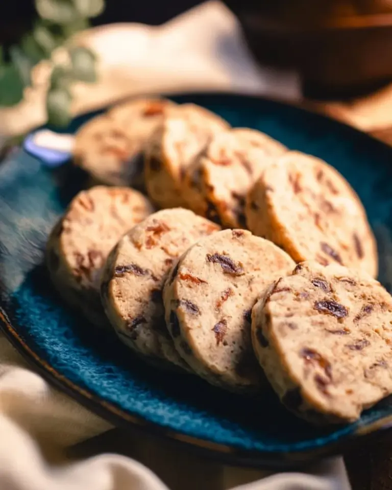 Honey Fig Walnut Shortbread Cookies fresh out of the oven on a baking sheet.