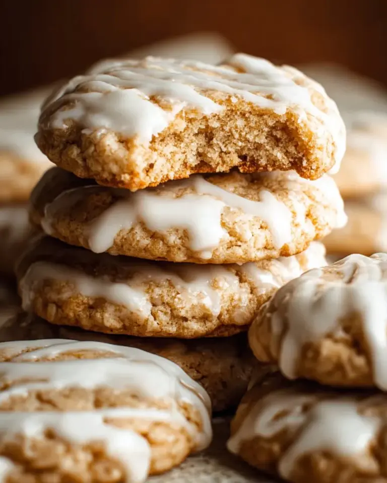 Iced coconut oatmeal cookies with a sweet glaze on a plate