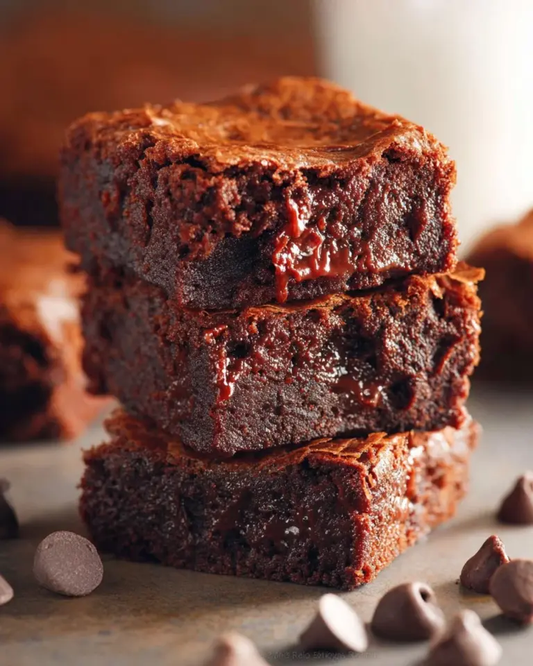 Delicious homemade brownies served on a plate with chocolate drizzle.