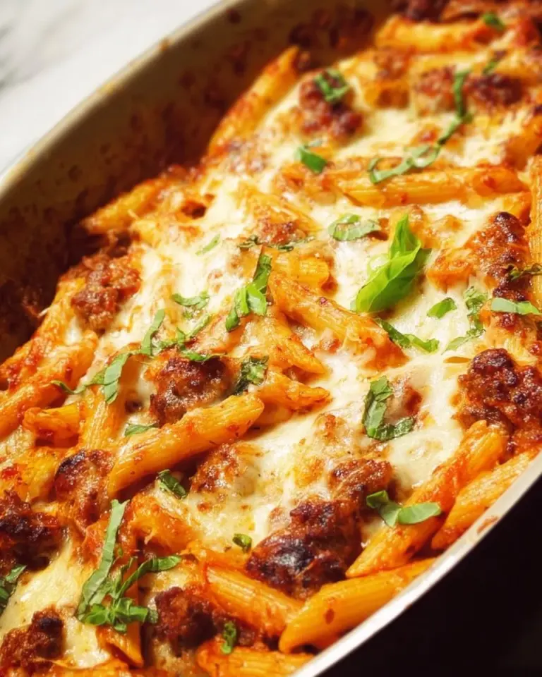 Baked Italian Sausage Penne pasta with melted cheese and herbs