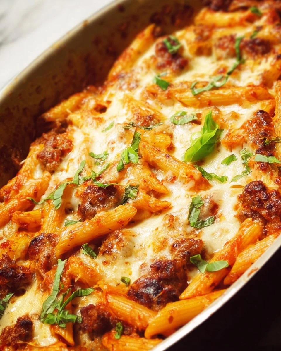 Baked Italian Sausage Penne pasta with melted cheese and herbs