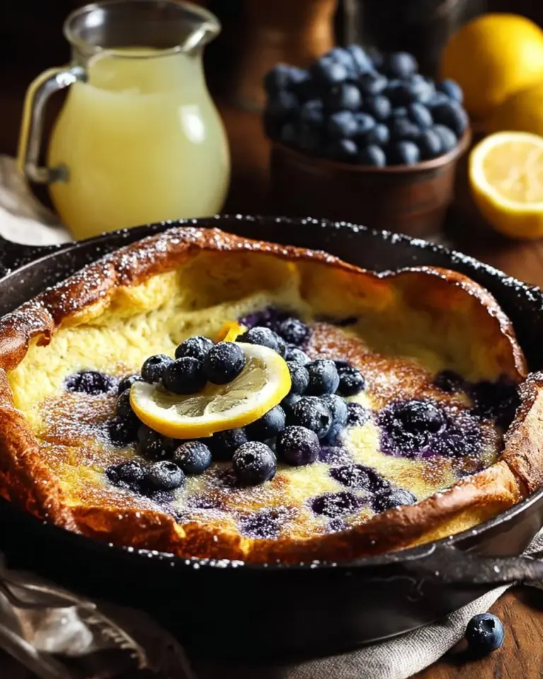 A delicious Lemon Blueberry Dutch Baby topped with fresh blueberries and lemon slices.