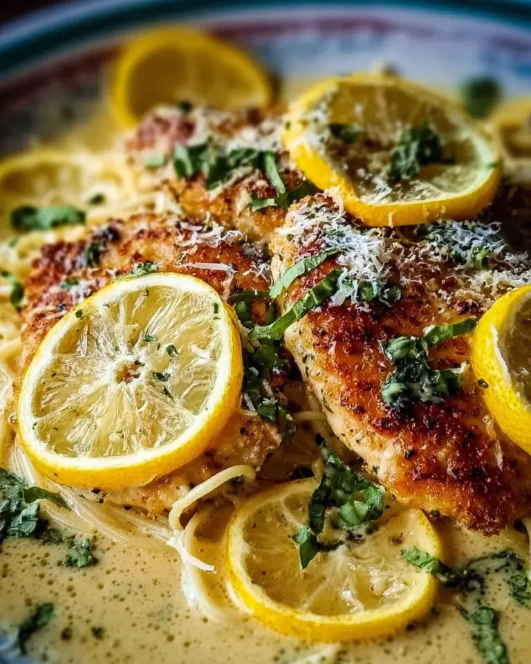 Lemon Chicken Romano served with herbs and fresh lemon slices on a plate.