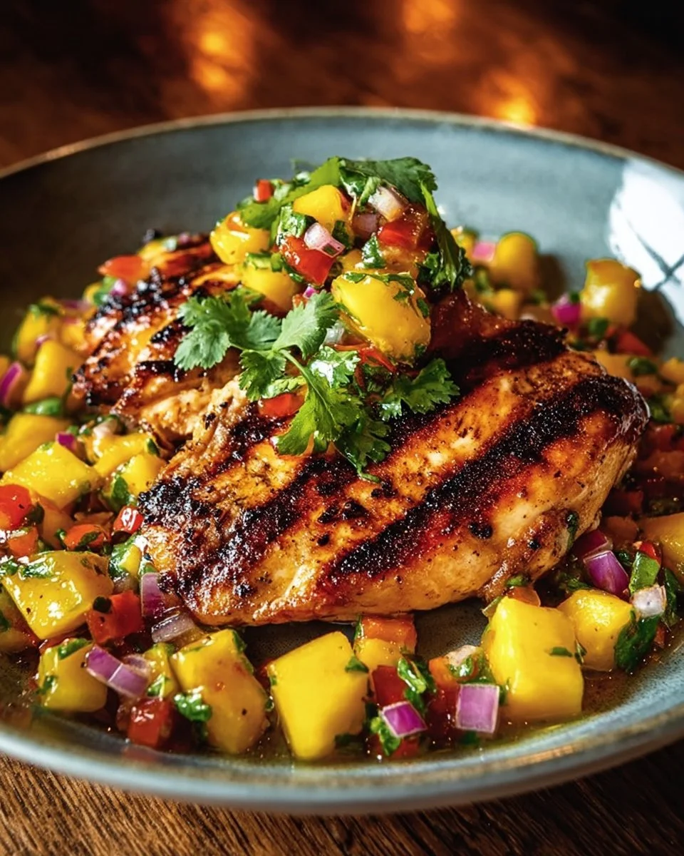 Lemon Ginger Chicken served with Pineapple Mango Salsa on a colorful plate.