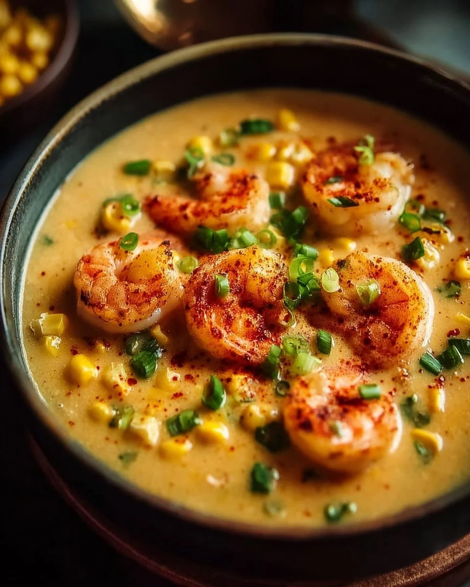 Bowl of Louisiana Shrimp and Corn Bisque topped with fresh herbs