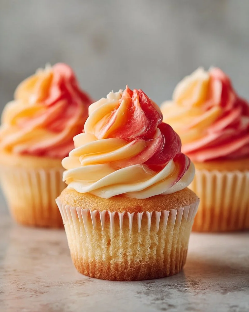 Mango Strawberry Cupcakes topped with fresh fruit and colorful frosting