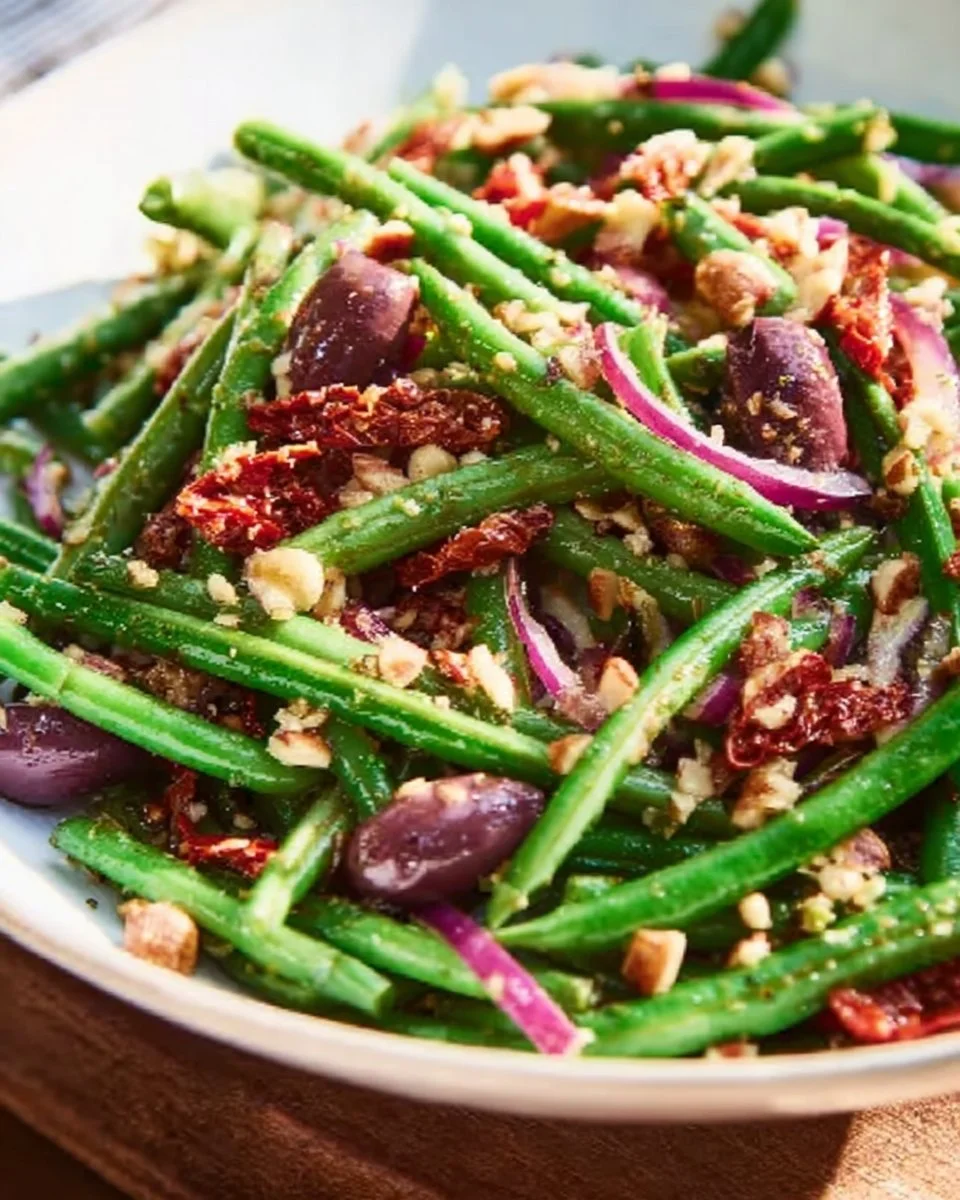 Mediterranean green bean salad with fresh vegetables and dressing