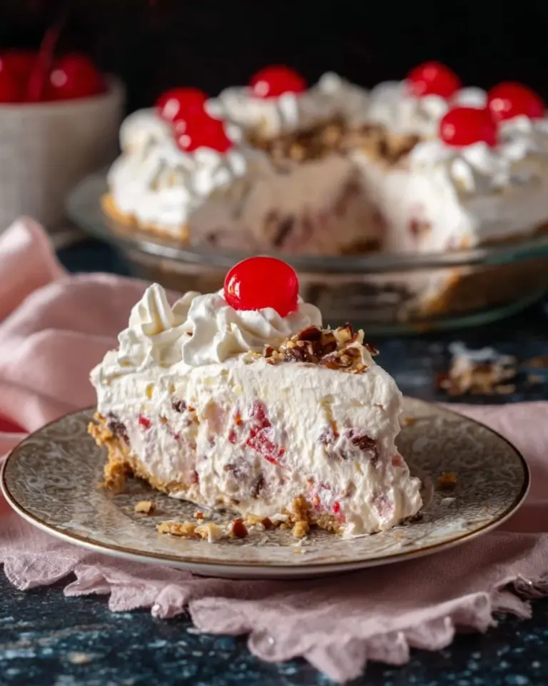 Delicious Million Dollar Pie with a shortbread crust topped with whipped cream and nuts