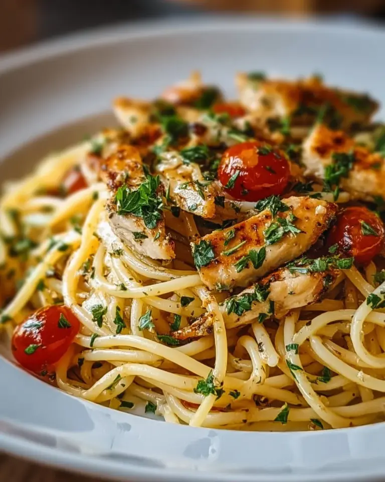 Plate of Monterey Chicken Spaghetti garnished with herbs