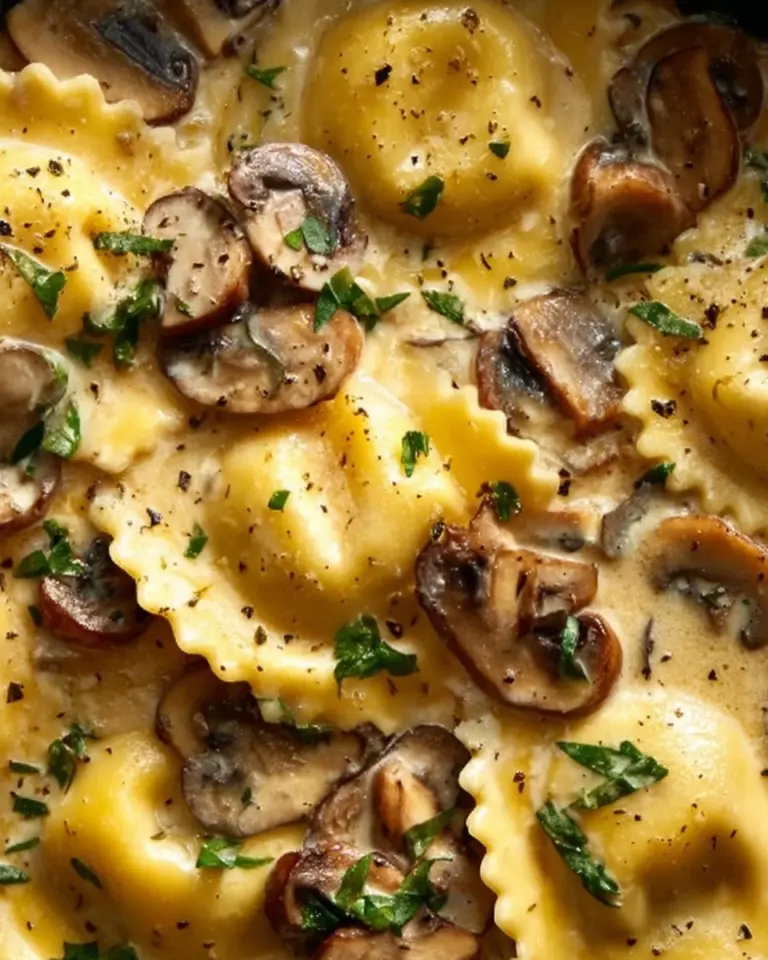 Delicious Mushroom Ravioli with a creamy sauce on a plate