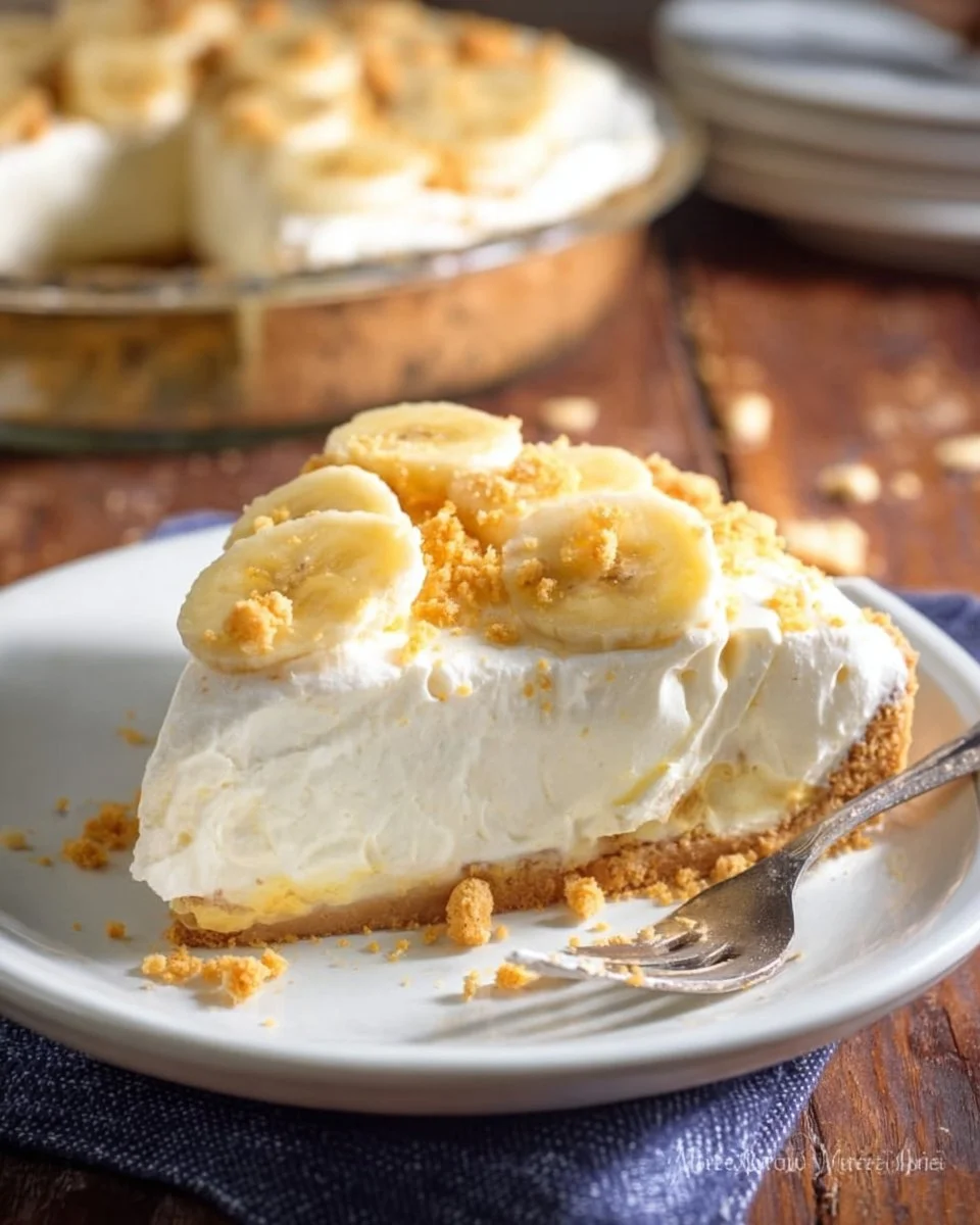 No Bake Banana Pudding Cheesecake slice with banana and whipped cream garnish