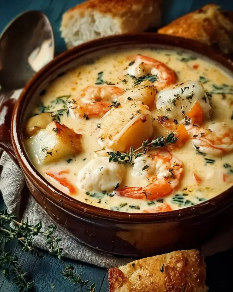 Bowl of Nova Scotia Seafood Chowder topped with herbs and served with crusty bread.