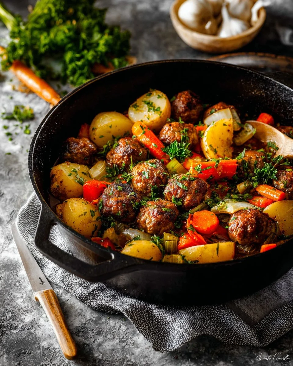 Old-Fashioned Meatball Casserole with Potatoes and Carrots