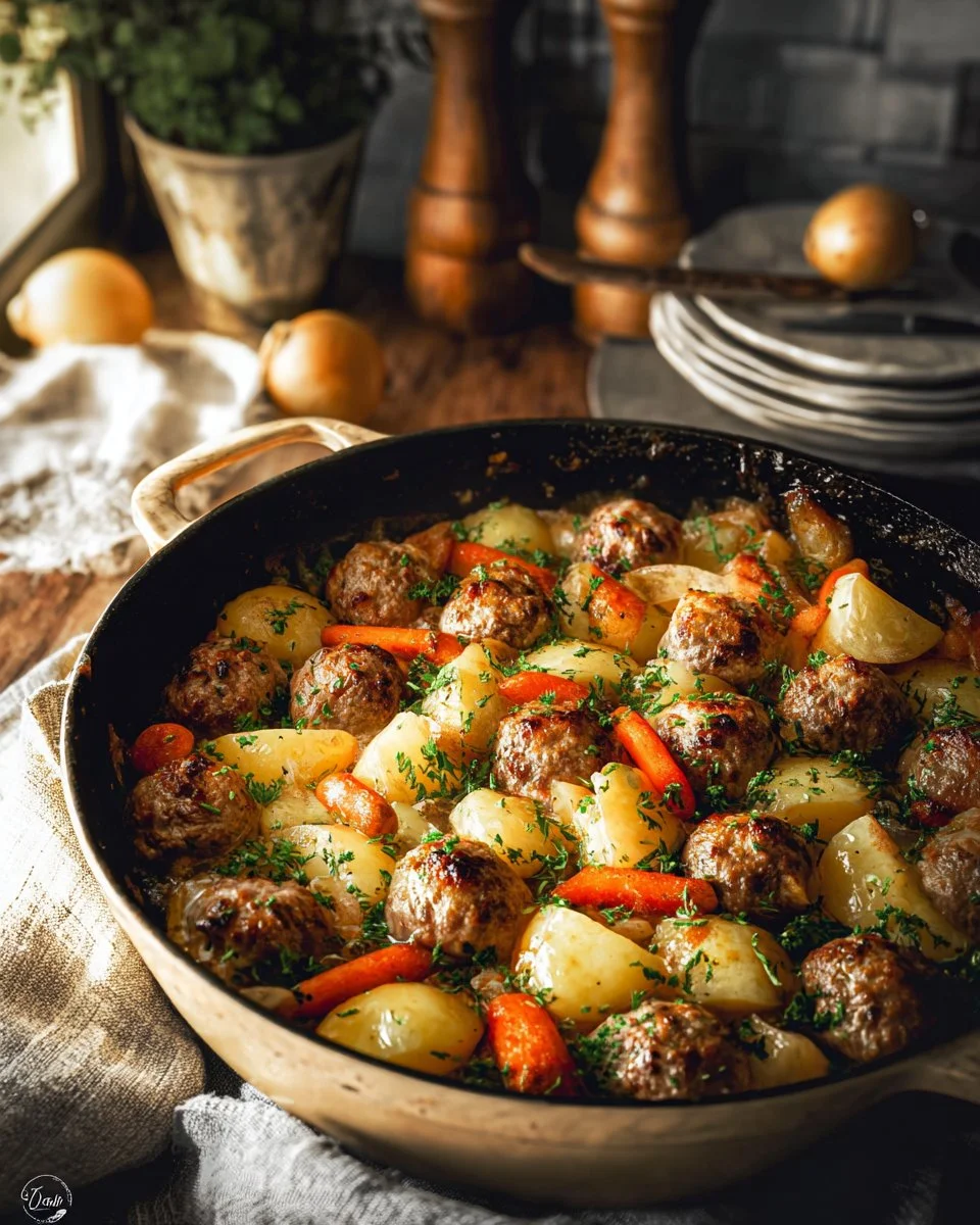 Old-Fashioned Meatball Casserole with Potatoes and Carrots
