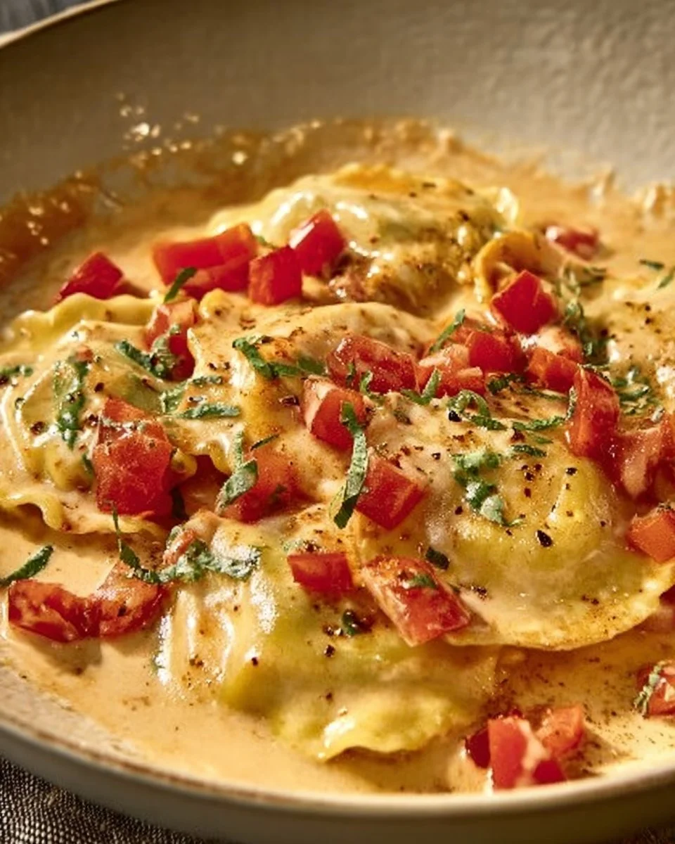 Plate of Olive Garden Portobello Ravioli with mushroom sauce and garnish