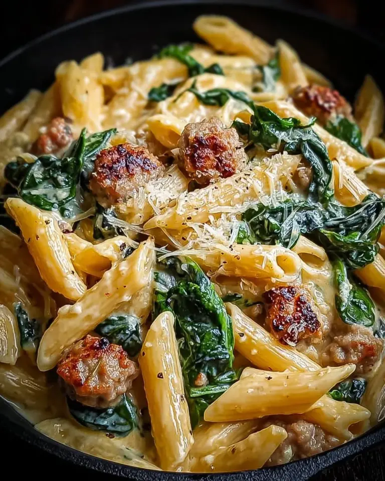 One-Pan Creamy Penne with Spinach and Italian Sausage dish