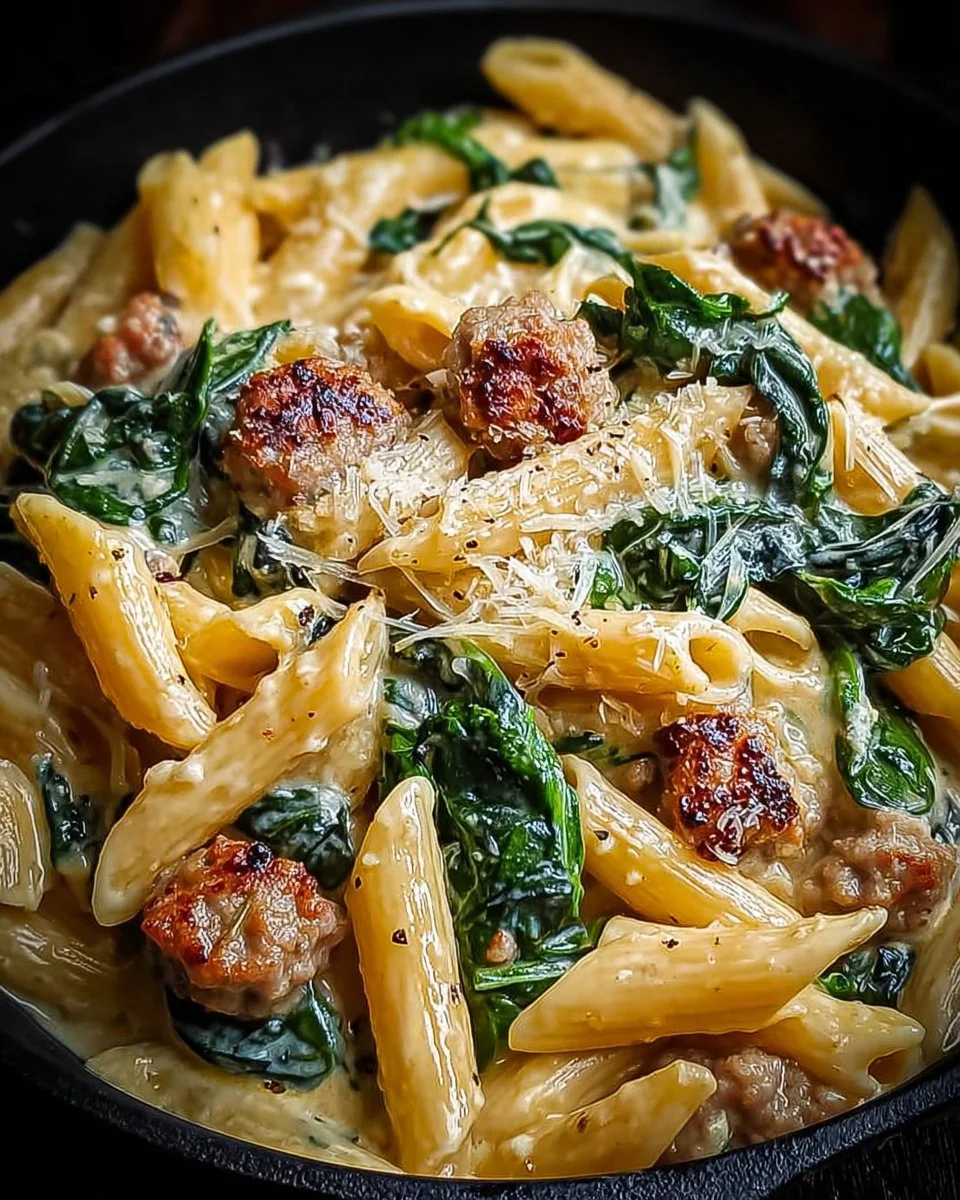 One-Pan Creamy Penne with Spinach and Italian Sausage