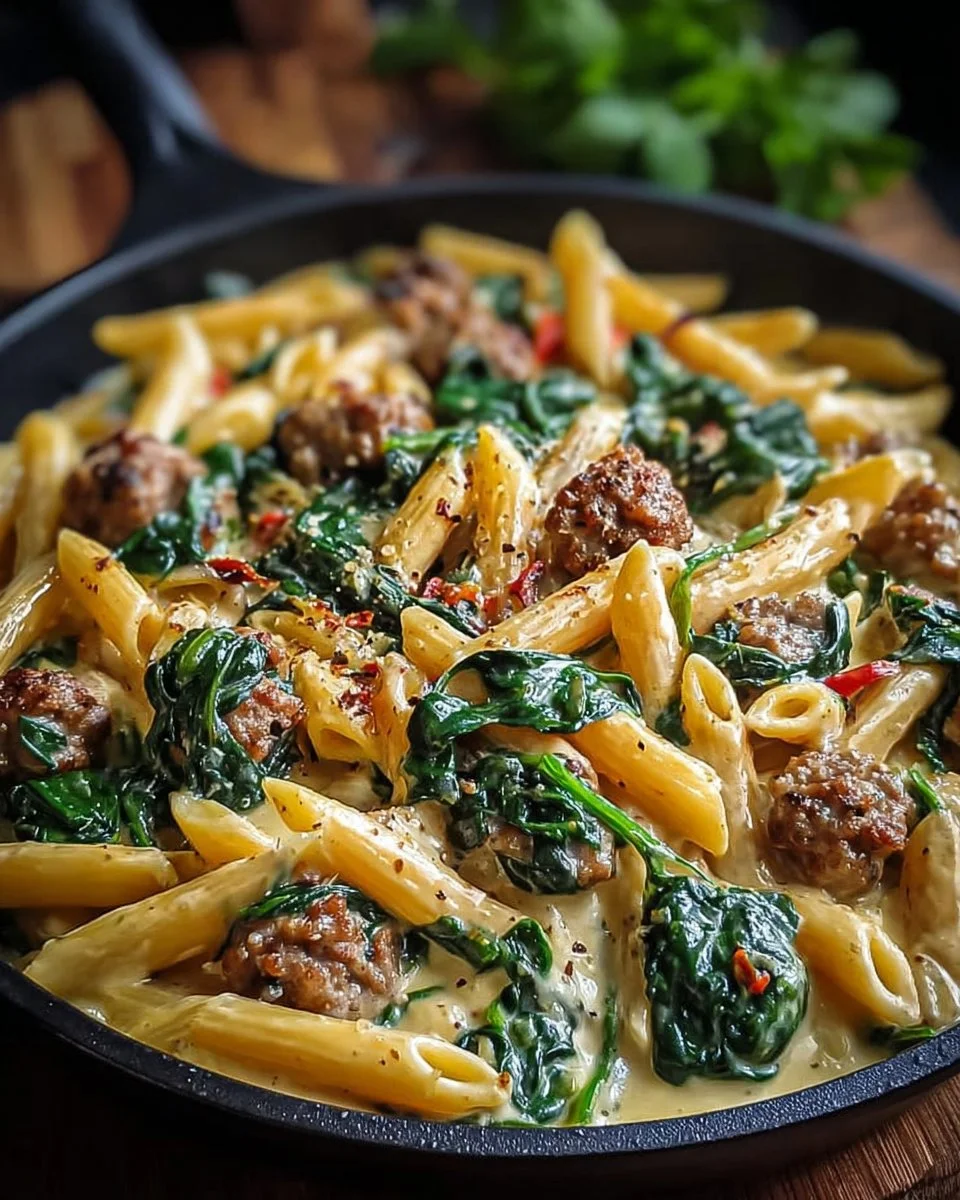 One-Pan Creamy Penne with Spinach and Italian Sausage