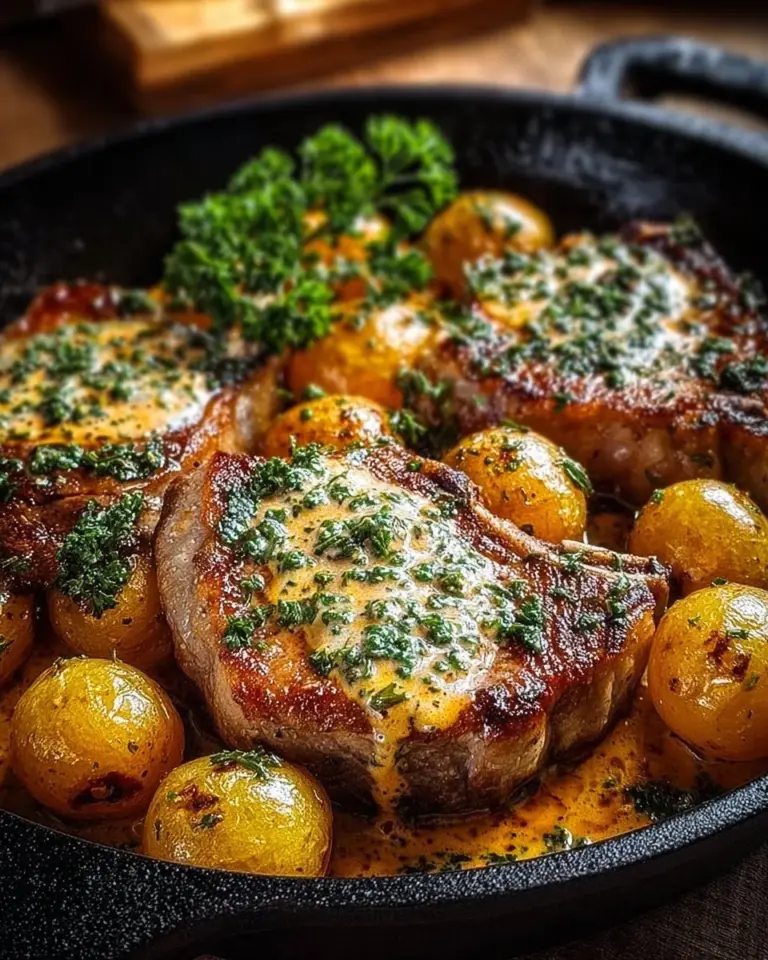 One-Pan Creamy Ranch Pork Chops served with potatoes