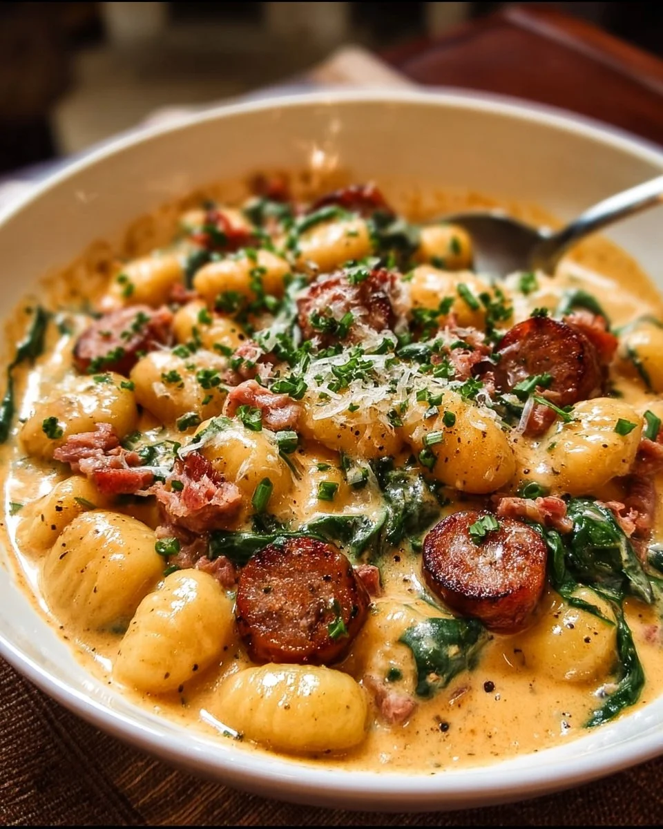 One pot creamy gnocchi with sausage served in a bowl.