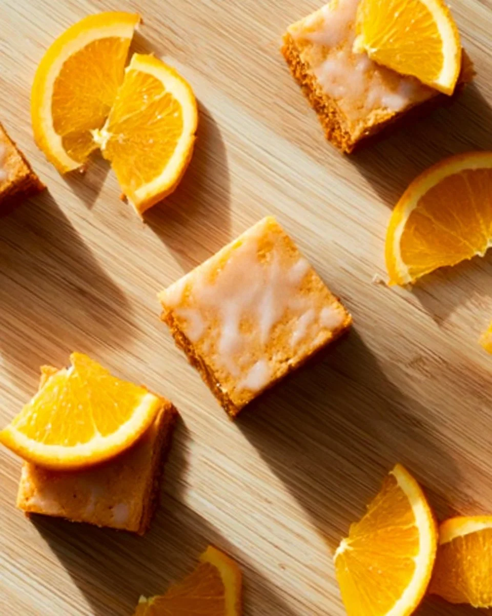Delicious orange brownies topped with a chocolate drizzle on a white plate