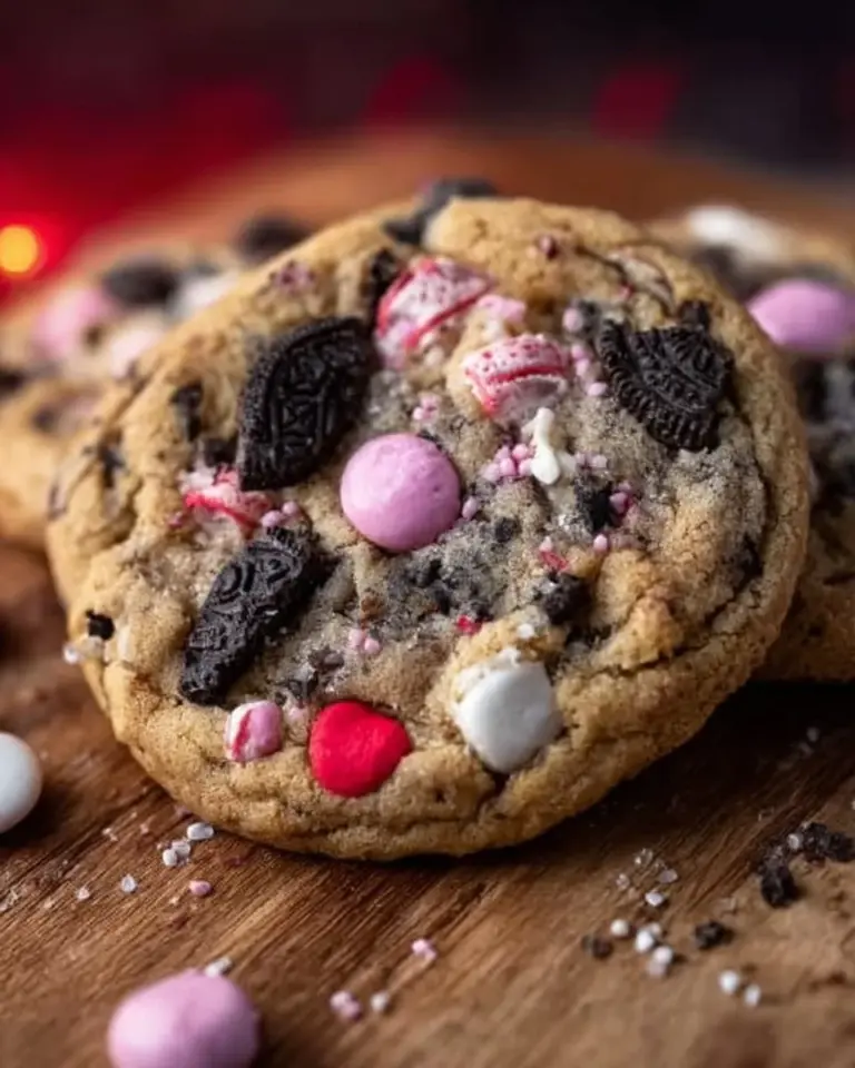 Freshly baked Oreo M&M's Cookies on a cooling rack