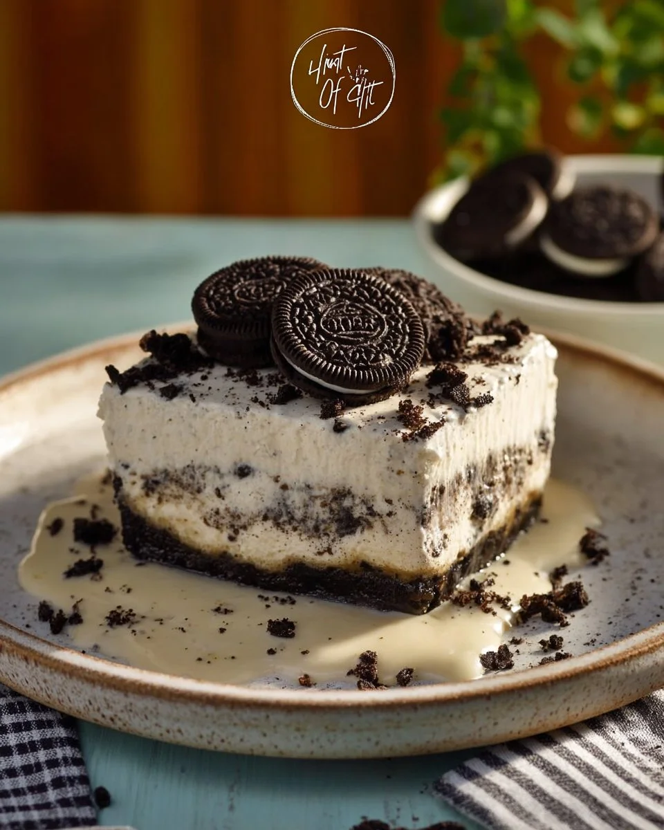 Oreo Three Milks Cake topped with crushed Oreos and chocolate drizzle