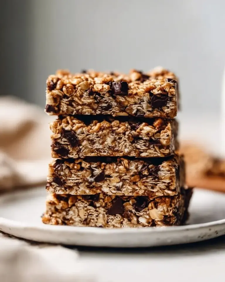 Peanut butter granola bars stacked on a wooden table.
