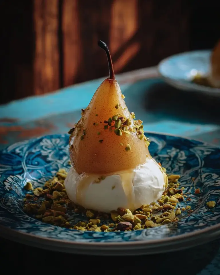 Delicious poached pears in white wine served elegantly in a dessert dish.