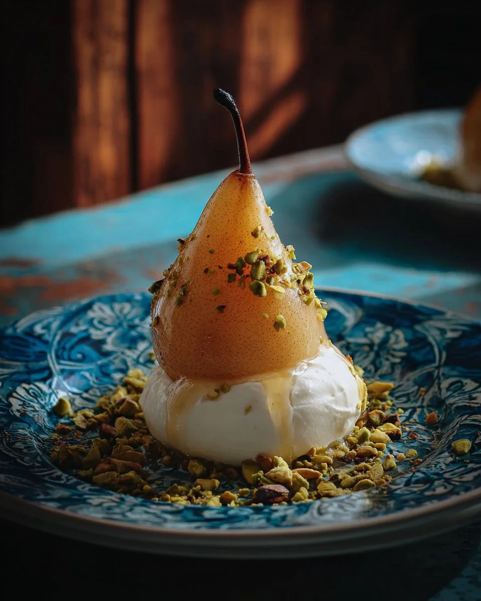 Delicious poached pears in white wine served elegantly in a dessert dish.