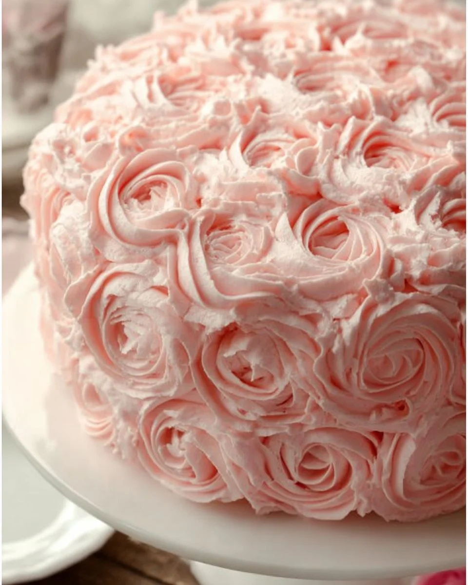 Delicious Pink Champagne Cake decorated with pink frosting and champagne bubbles.