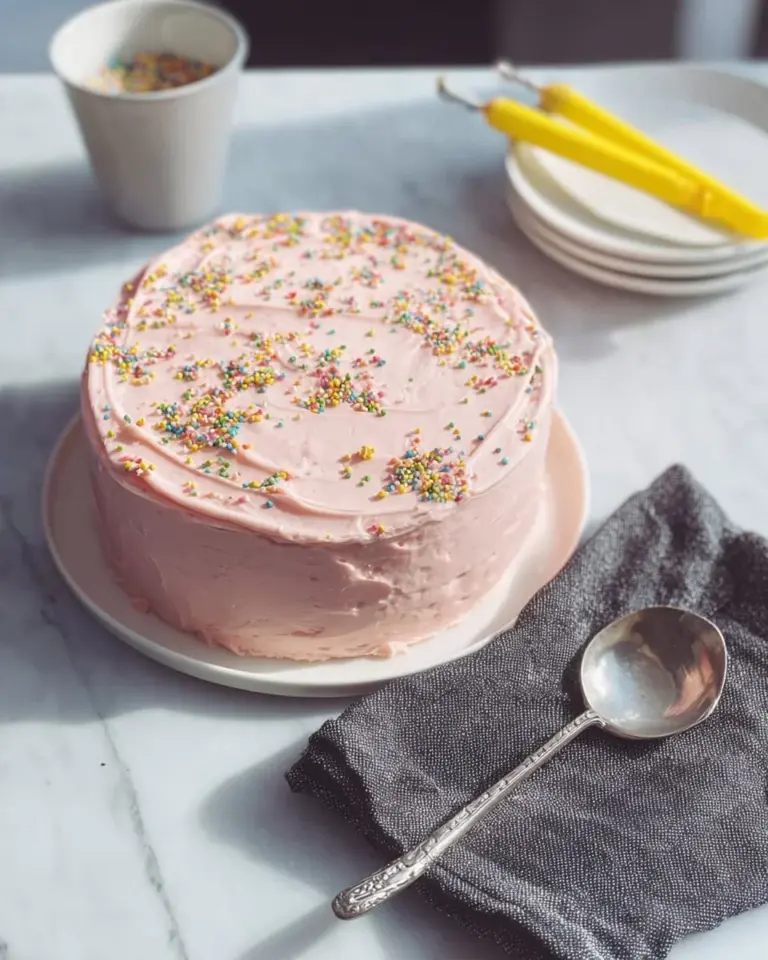 Beautiful Pink Confetti Birthday Cake with colorful sprinkles on top